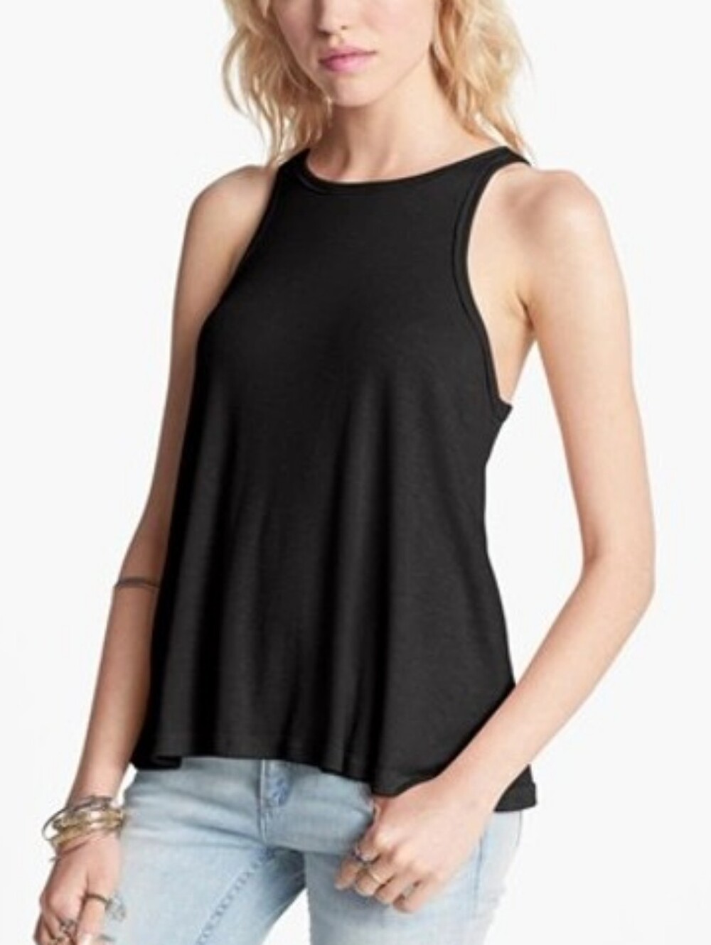 Free People Long Beach Tank Top High Neck Racerback Ribbed Swing Tank Black XS